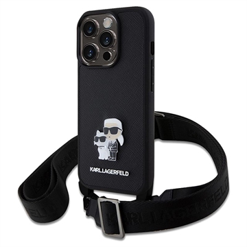 iPhone 15 Pro Max Karl Lagerfeld Saffiano Crossbody Metal Karl & Choupette Cover - Sort