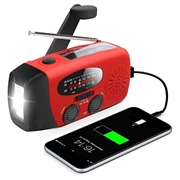 Transportabel Hånddrevet Solcelle Nødradio med LED Lommelygte, Powerbank Funktion - Rød